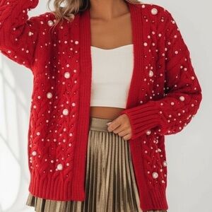 New BiBi Luxury Pearl & Rhinestone Chunky Knit Holiday Cardigan Grannycore Small